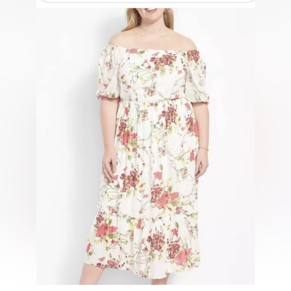 NWT Lane Bryant Floral Off The Puff Shoulder Dress 18 LONG Midi Plus Size - Picture 3 of 12